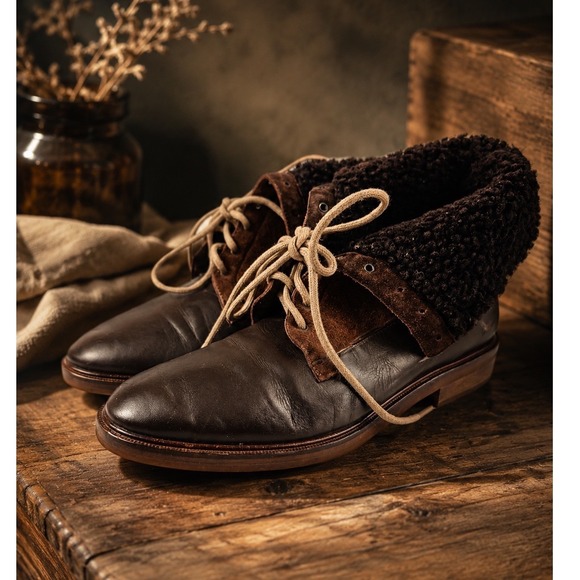 Ann Taylor Shoes - Brown Leather‎ Suede Lace Up Boots Faux Fur Lined Fold Over Ankle Ann Taylor